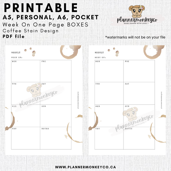 Coffee Stain Week On 1 Page Box Layout  Printable PDF  | Pocket, A6, Personal, A5