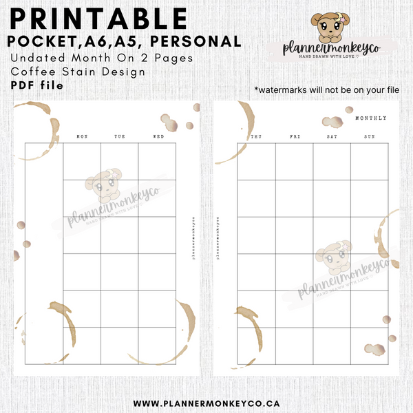 Coffee Stain Month On 2 Pages Printable PDF  | Pocket, A6, Personal, A5