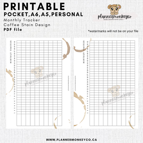 Coffee Stain Monthly Tracker Printable PDF  | Pocket, A6, Personal, A5
