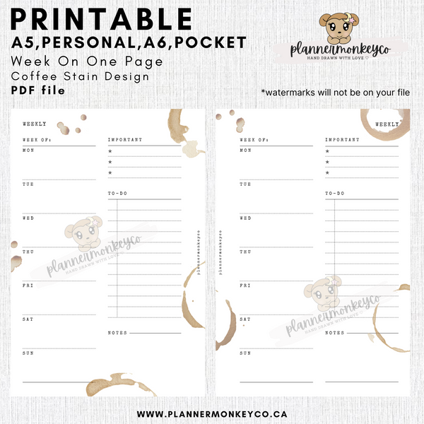 Coffee Stain Week On 1 Page Printable PDF  | Pocket, A6, Personal, A5