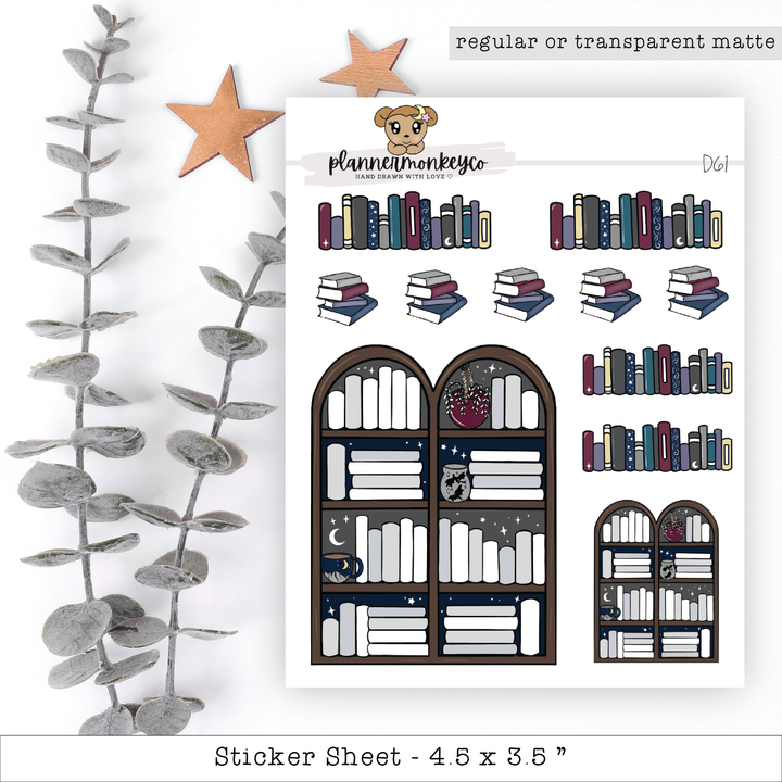a sticker sheet of a book shelf with books on it
