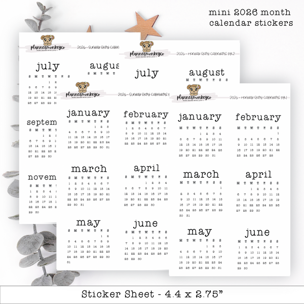 2026 Mini Monthly Calendar Stickers (2pg)