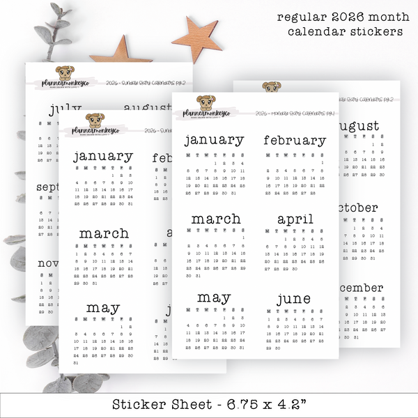 2026 Regular Monthly Calendar Stickers (2pg)