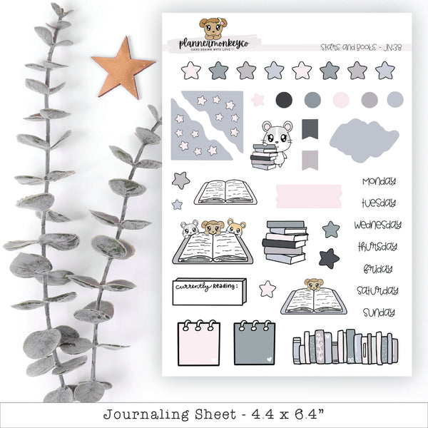a sheet of stickers with a book and a star