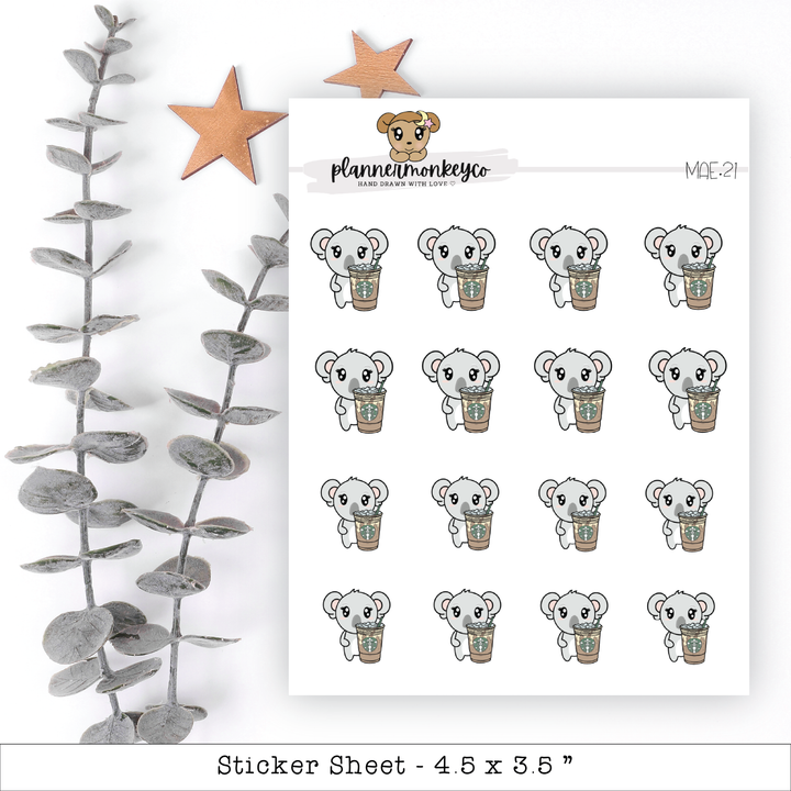 a sticker sheet with a koala bear holding a cup of coffee