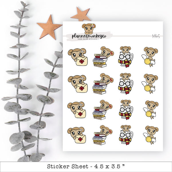 a sheet of stickers with a teddy bear and books