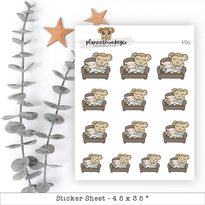 a sheet of stickers with a teddy bear sitting on a couch