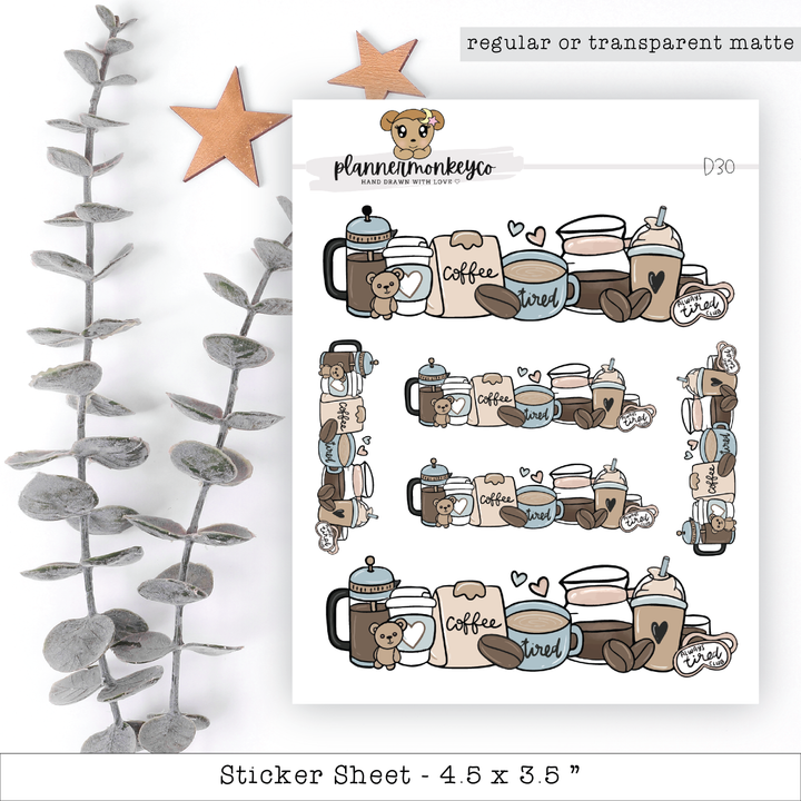 a sheet of stickers with a bear and coffee mugs
