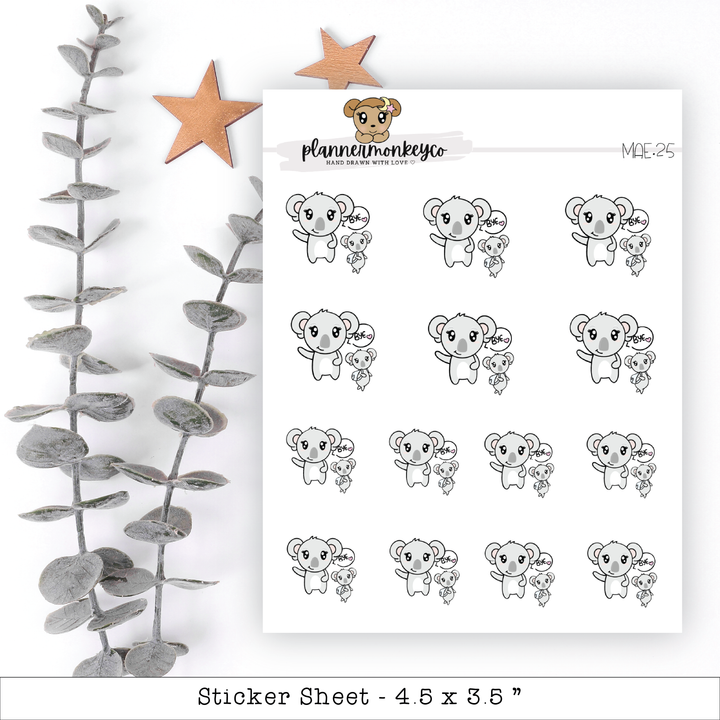 a sheet of stickers with a koala and stars on it