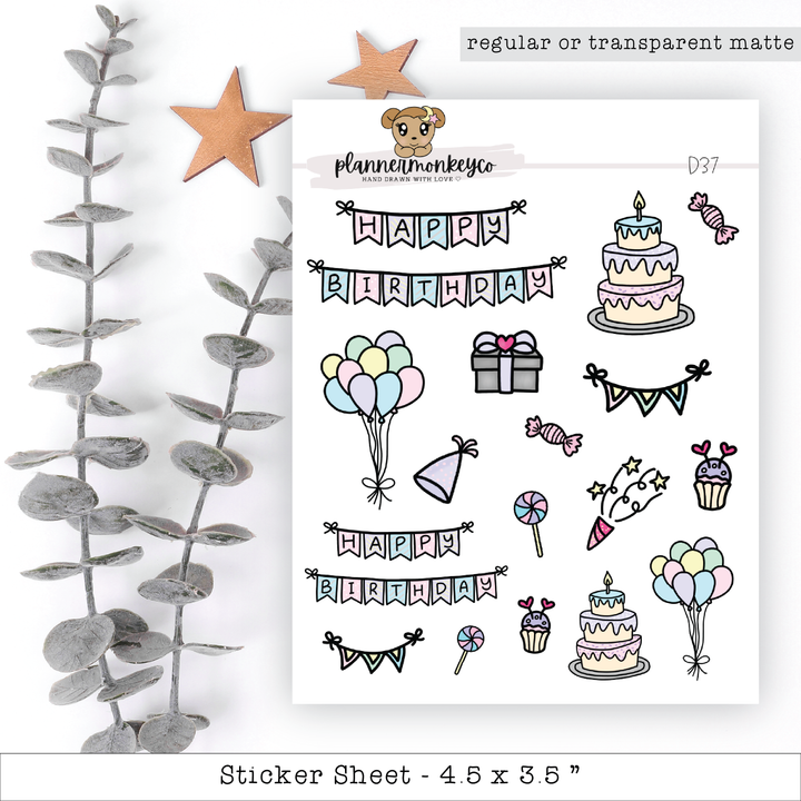 a sheet of stickers with a cake and balloons