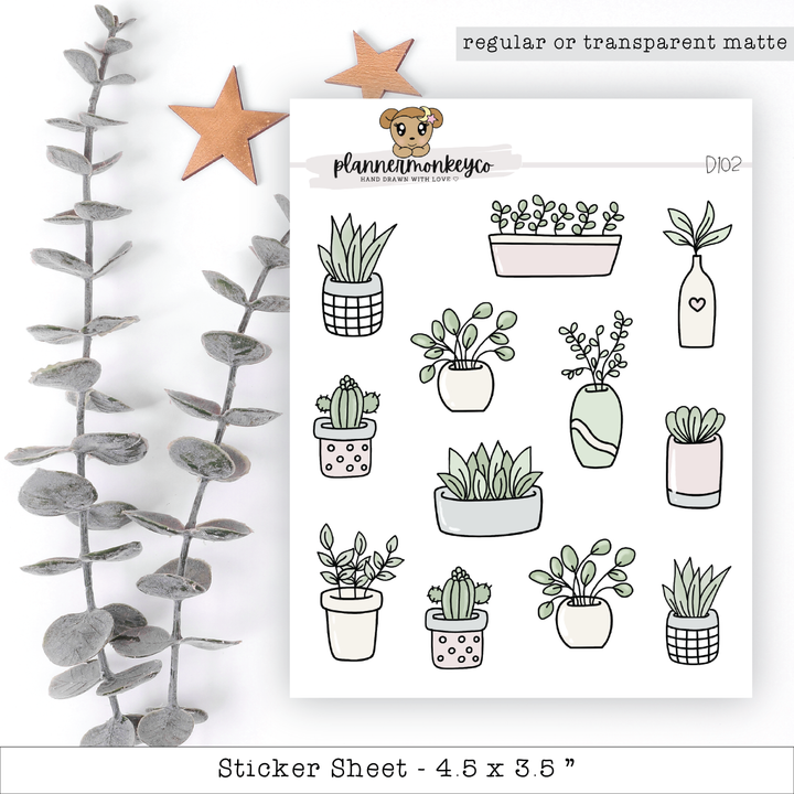 a sheet of stickers with potted plants on them