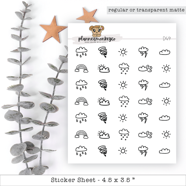 a sheet of stickers with different weather symbols
