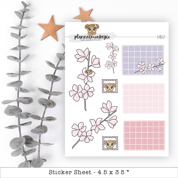 a sticker sheet with flowers and a teddy bear