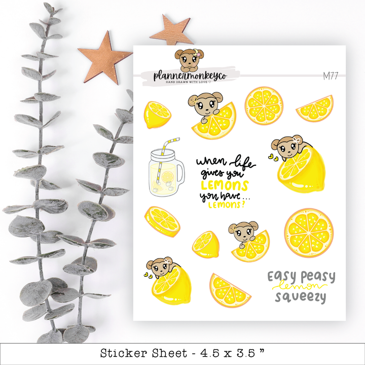 a sticker sheet with lemons and bears on it