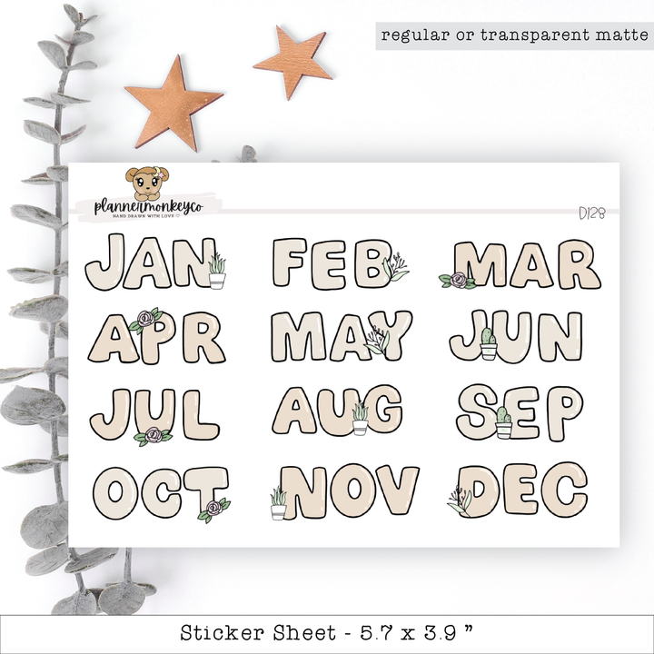 a sheet of stickers with the words jan and feb on them