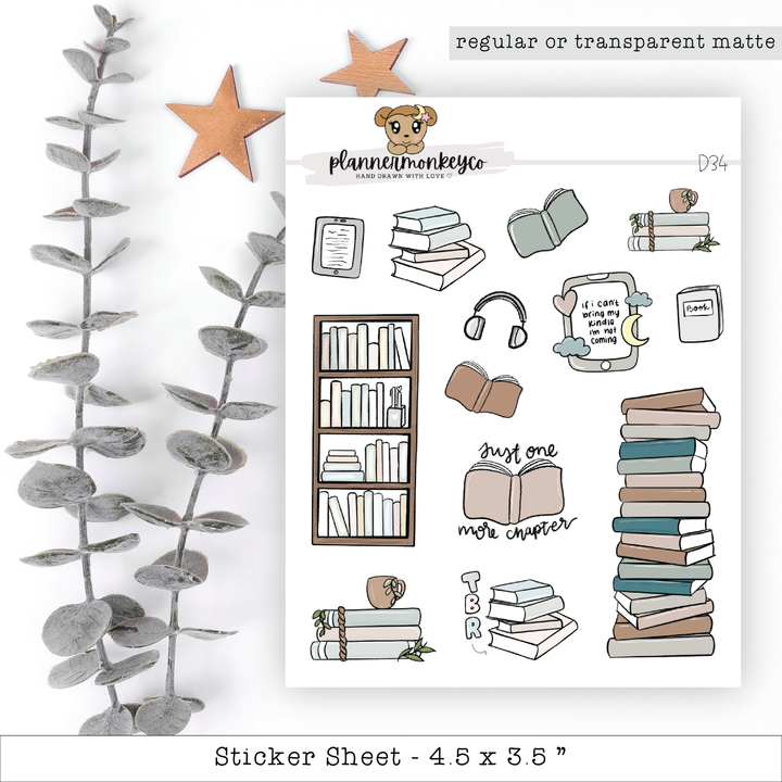 a sticker sheet with a bunch of books and a teddy bear