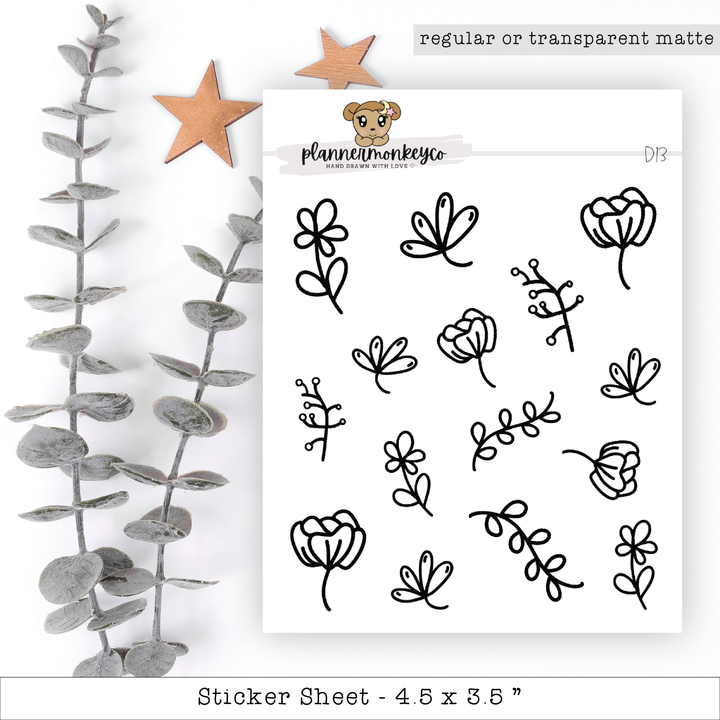 a sheet of stickers with flowers and leaves