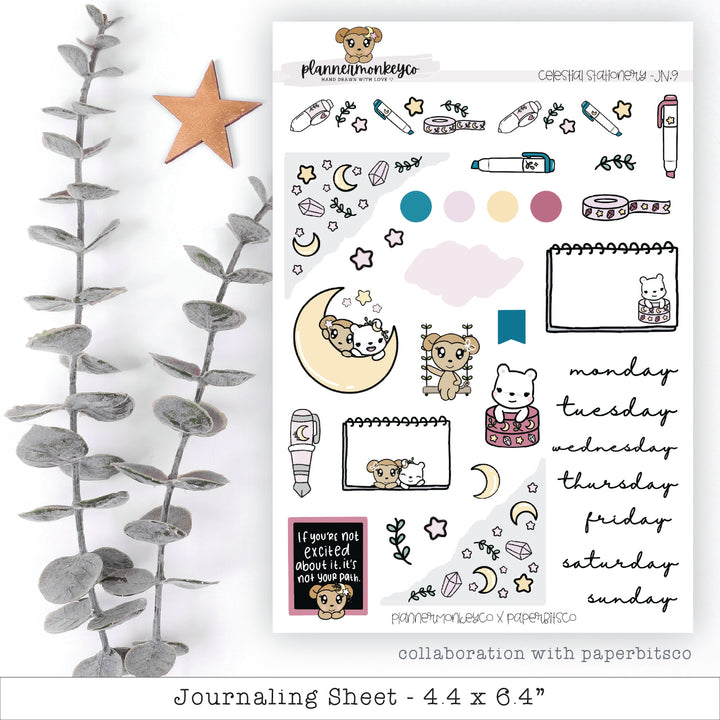 a sheet of stickers with a picture of a cat and moon