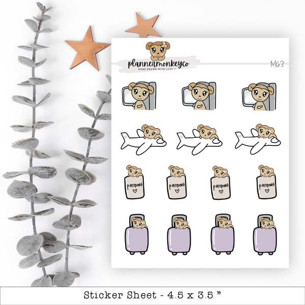 a sticker sheet with stickers of luggage and a bear
