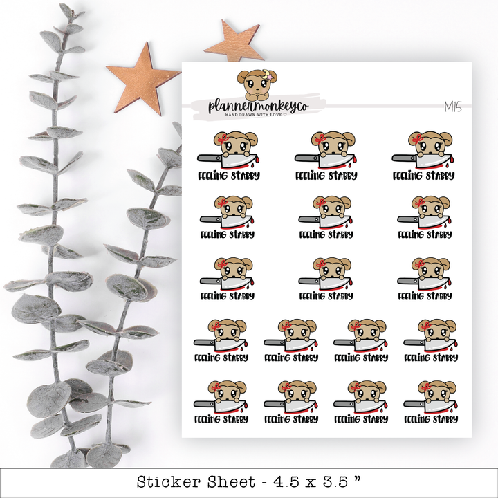 a sticker sheet with a sticker of a teddy bear holding a knife