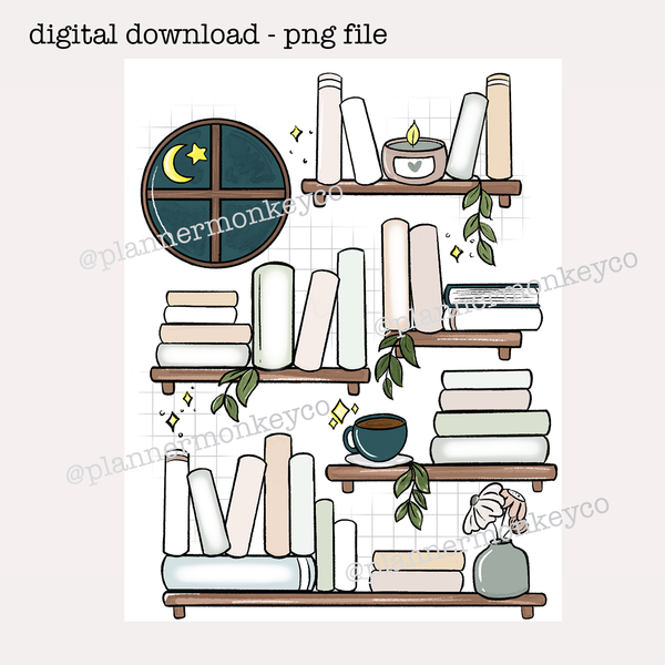 Boho Cozy Night Bookshelf Digital (PNG)