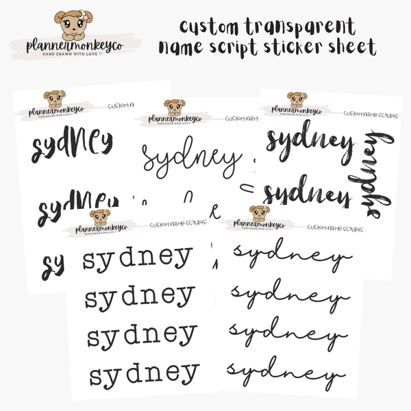 CUSTOM Name Script Sticker Sheet (Transparent) | * Put name in the notes to seller*