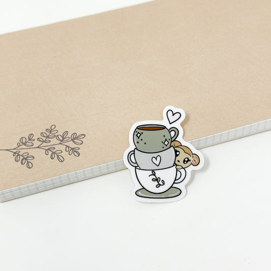 Macy Peeking Coffee/ Tea Cup Stack Vinyl Die Cut Sticker | Glossy