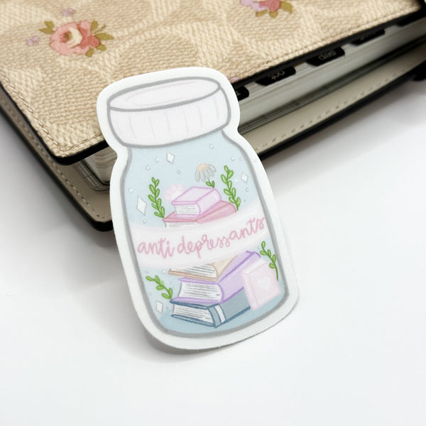 Anti Depressant Spring Bookish Jar Vinyl Die Cut Sticker | Matte