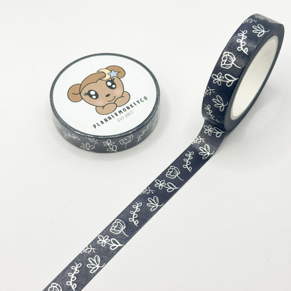 Silver Minimal Floral Black Washi Tape | 10MM (Silver foil)