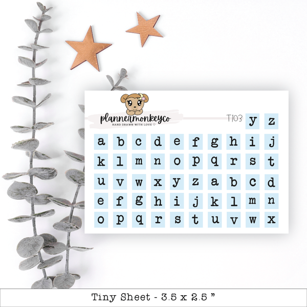 Light Blue Typewriter Alpha Letter Stickers - Tiny Sheet