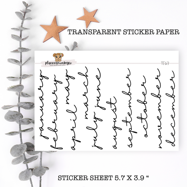 TF63 | Minimal Dainty Script Monthly Stickers (TRANSPARENT) BIG
