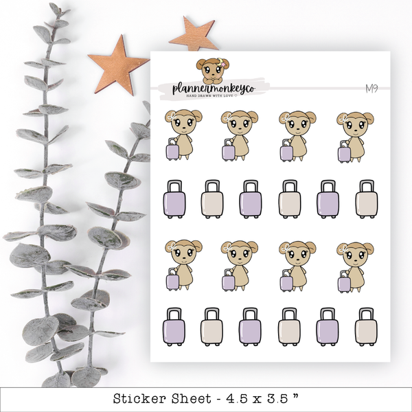 a sticker sheet with a teddy bear and suitcases