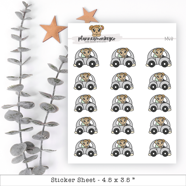 a sticker sheet with a dog driving a car