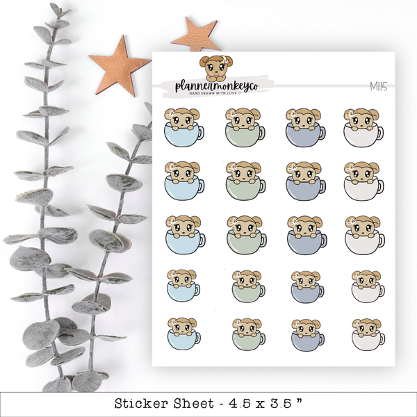 a sticker sheet with a teddy bear in a cup