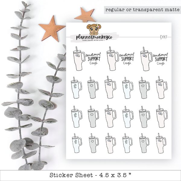 a sticker sheet with a drawing of a mug and stars