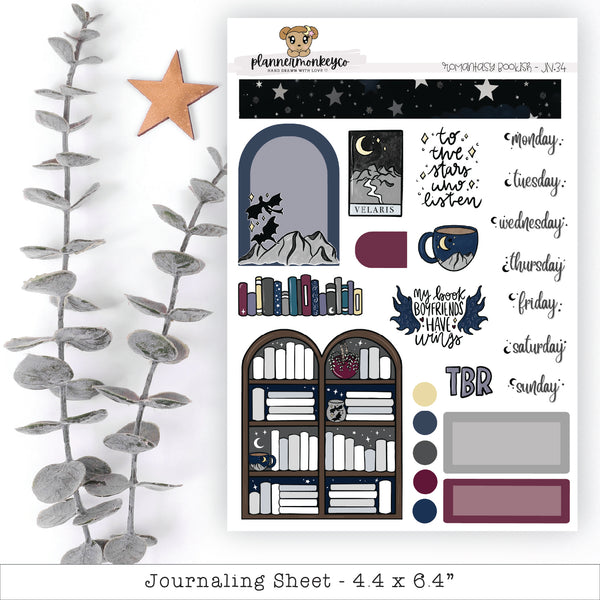 a sticker sheet with a book shelf and a star
