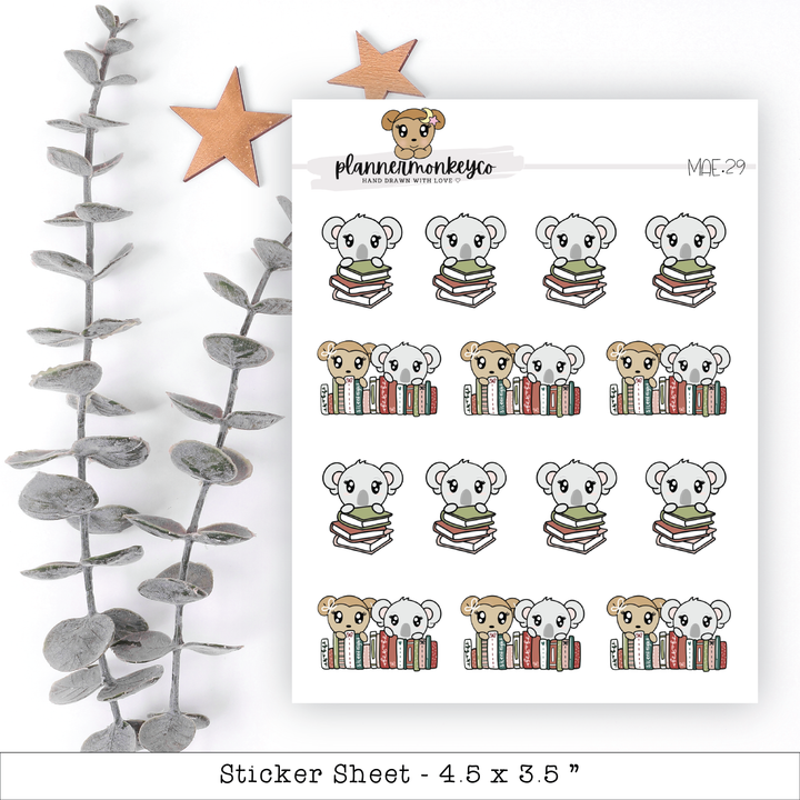 a sticker sheet with koalas and books