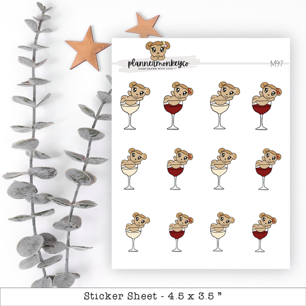 a sheet of stickers with a bear in a wine glass
