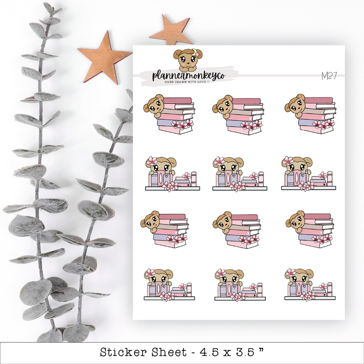 a sticker sheet with a teddy bear sitting on a bench