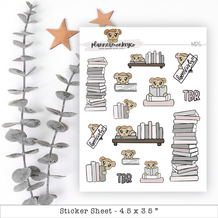 a sticker sheet with a bunch of books and a teddy bear