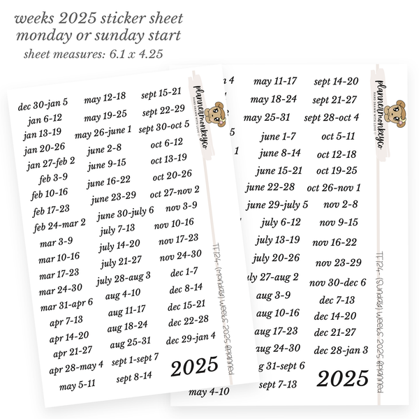 TF124 | Freely Planned Weeks 2025 Sticker Sheet Monday OR Sunday Start (Transparent)
