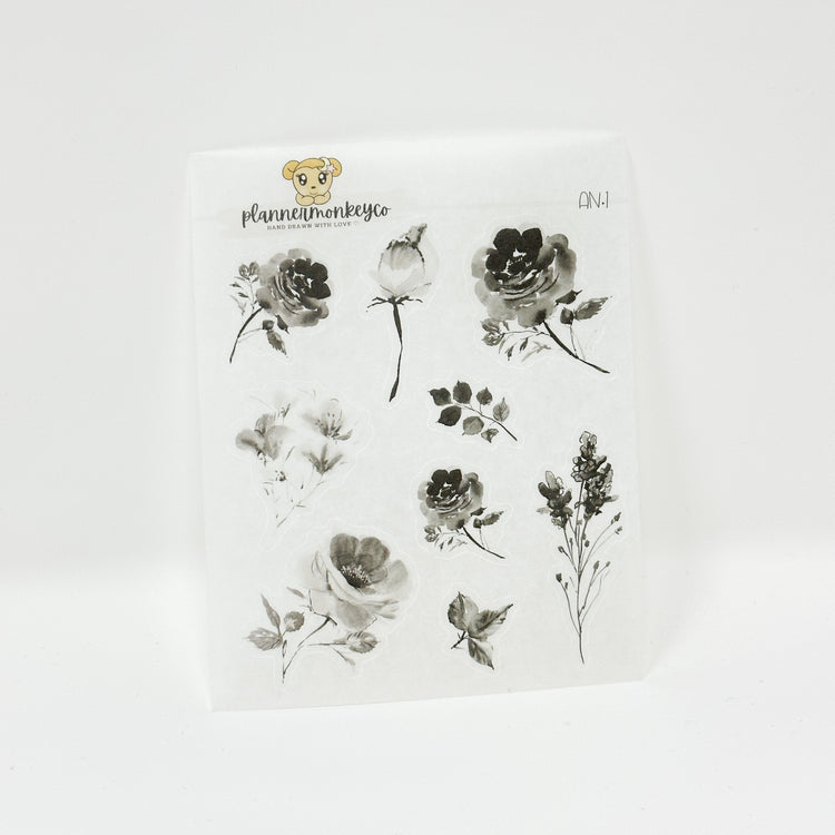 AN.1 |  Black Floral Deco Sticker Sheet  | Washi Sticker Paper