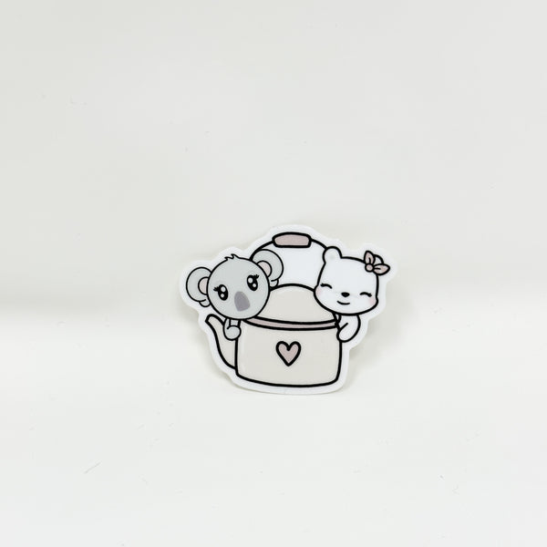 Peeking Mae + Friend Tea Kettle Vinyl Die Cut Sticker | Glossy (PMC X PBC)