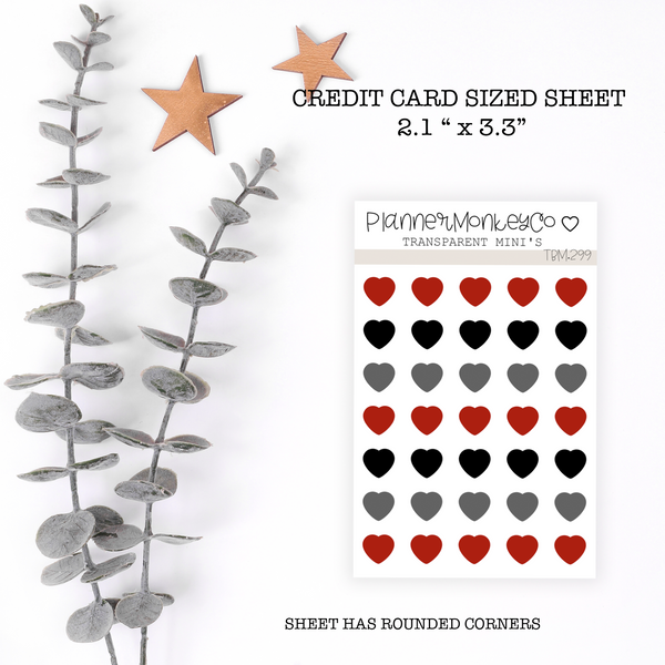 TBM.299 | Red/Black/Grey Heart Stickers Mini Sheet (Transparent)