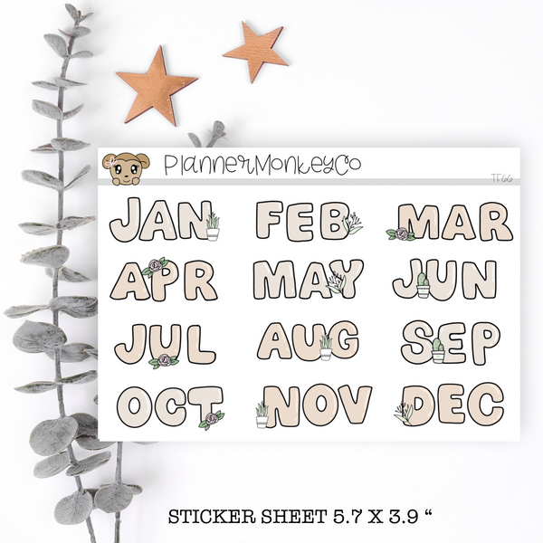 TF66 | Cute Plant Monthly Stickers (BIG)  | Neutral Tan (Transparent)