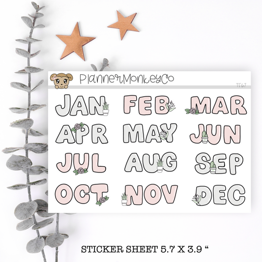 D129 | Cute Plant Monthly Stickers (BIG)  | Pink Grey