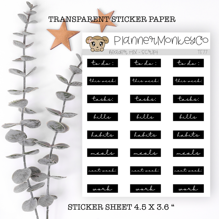 TF77 | Minimal Script Headers (Variety) Black Background (Transparent)