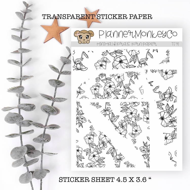 TF91 | " Minimal Floral " Torn Paper Stickers (Transparent)