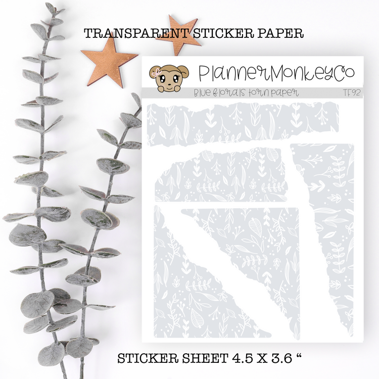 TF92 | " Blue Floral " Torn Paper Stickers (Transparent)