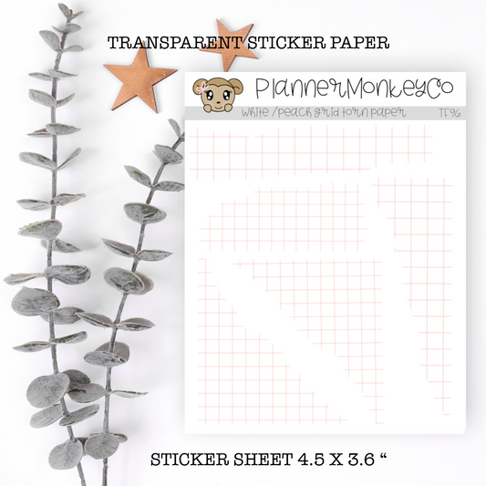 TF96 | " White / Peach Grid " Torn Paper Stickers (Transparent)
